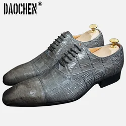 Italian Men Oxford Shoes Crocodile Prints Mens Dress Shoes Lace Up Pointed Toe Cap Toe Wedding Office Leather Shoes Men