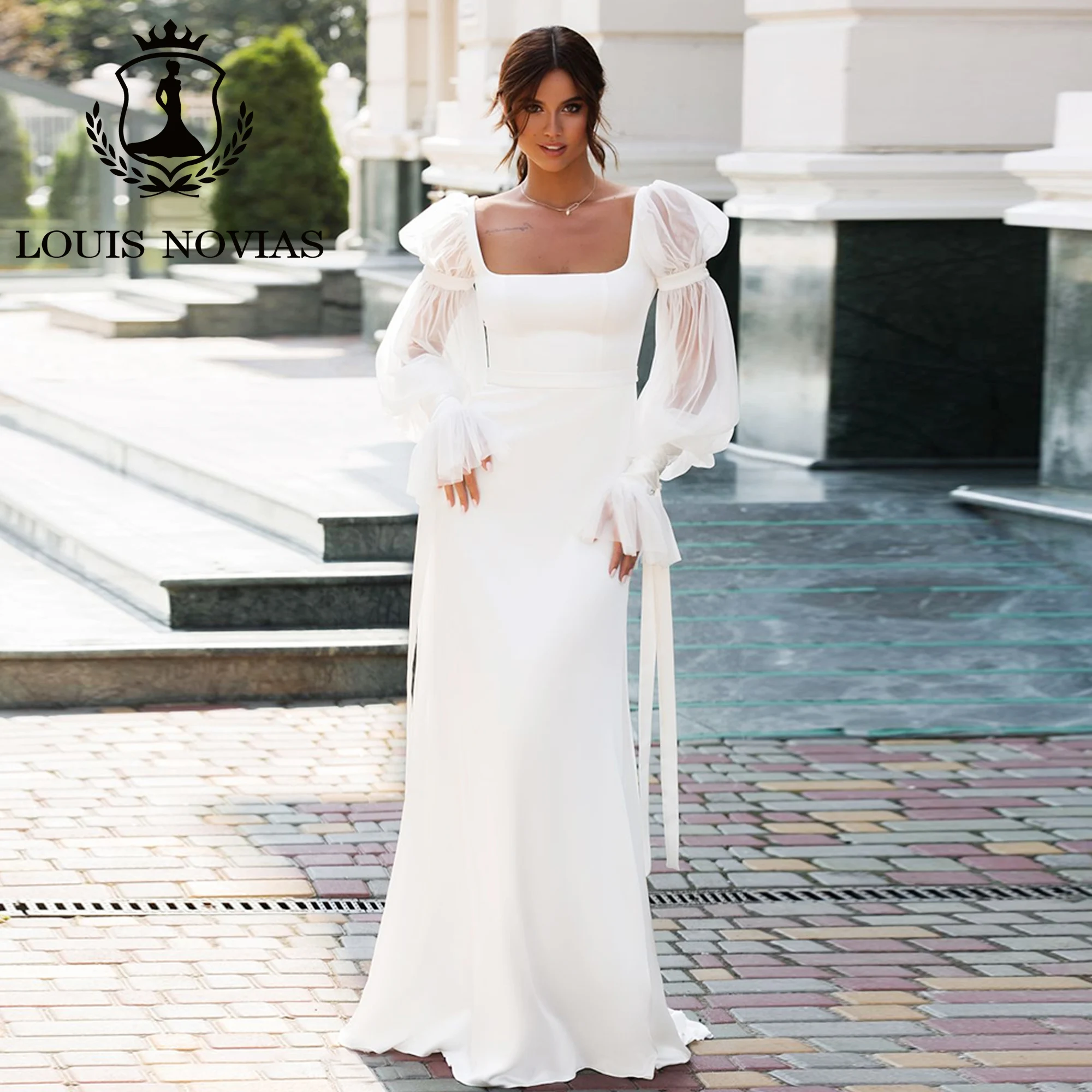 

LOUIS NOVIAS New Arrival Luxurious For Women Chic Square Collar Ribbons Puff Sleeve Wedding Gown Vestidos De Novia