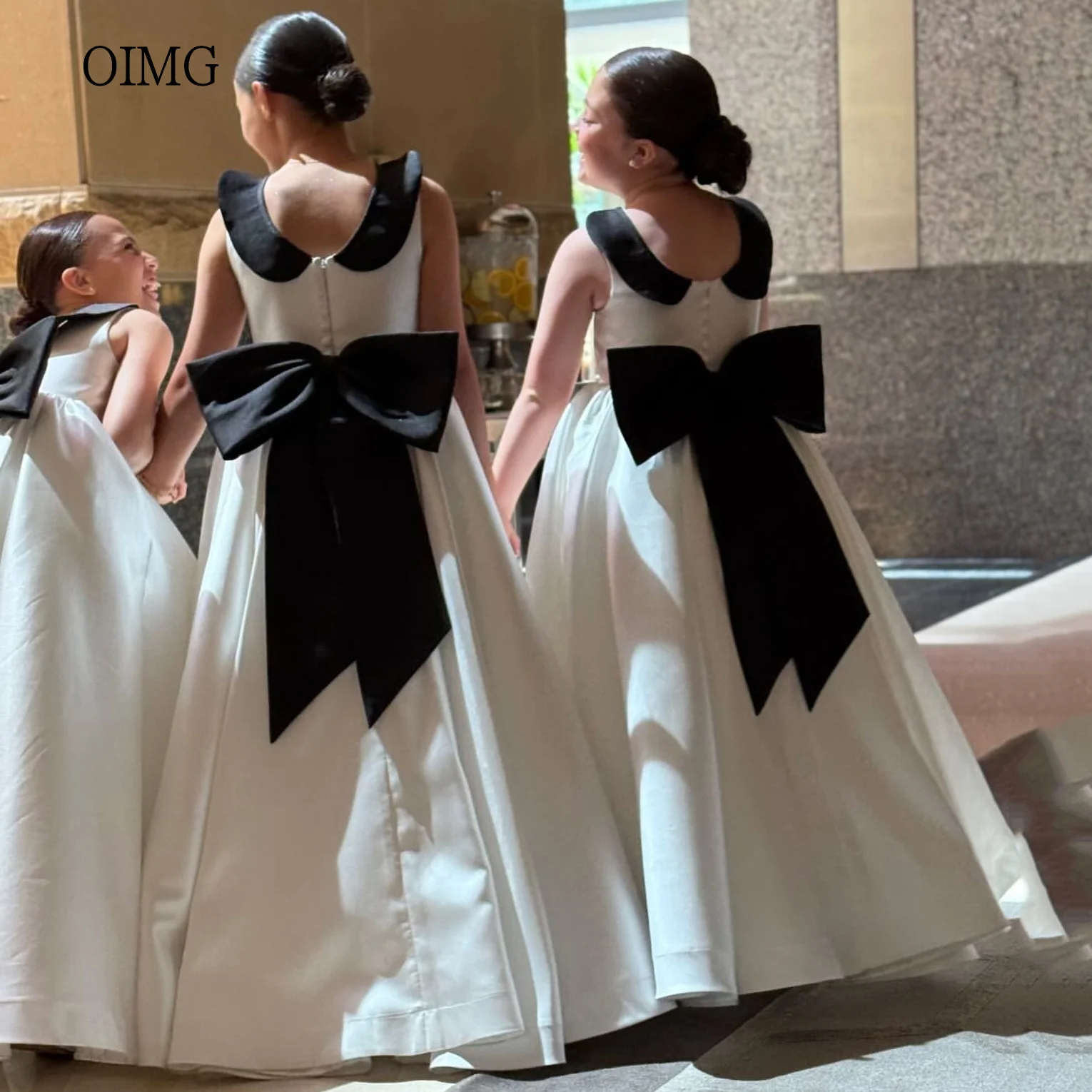

OIMG Black/Ivory Petal Neck A Line Flower Girl Dresses Bow Back Wedding Party Dress Floor Length Birthday Dress Customized