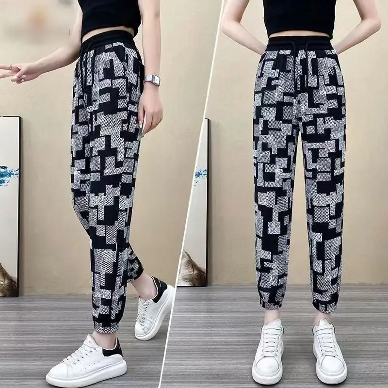 Vintage Geometric Pattern Splicing Ultra Thin Quick Drying Elastic High Waist Ankle-length Pants Ice Shredded Women Harem Pants