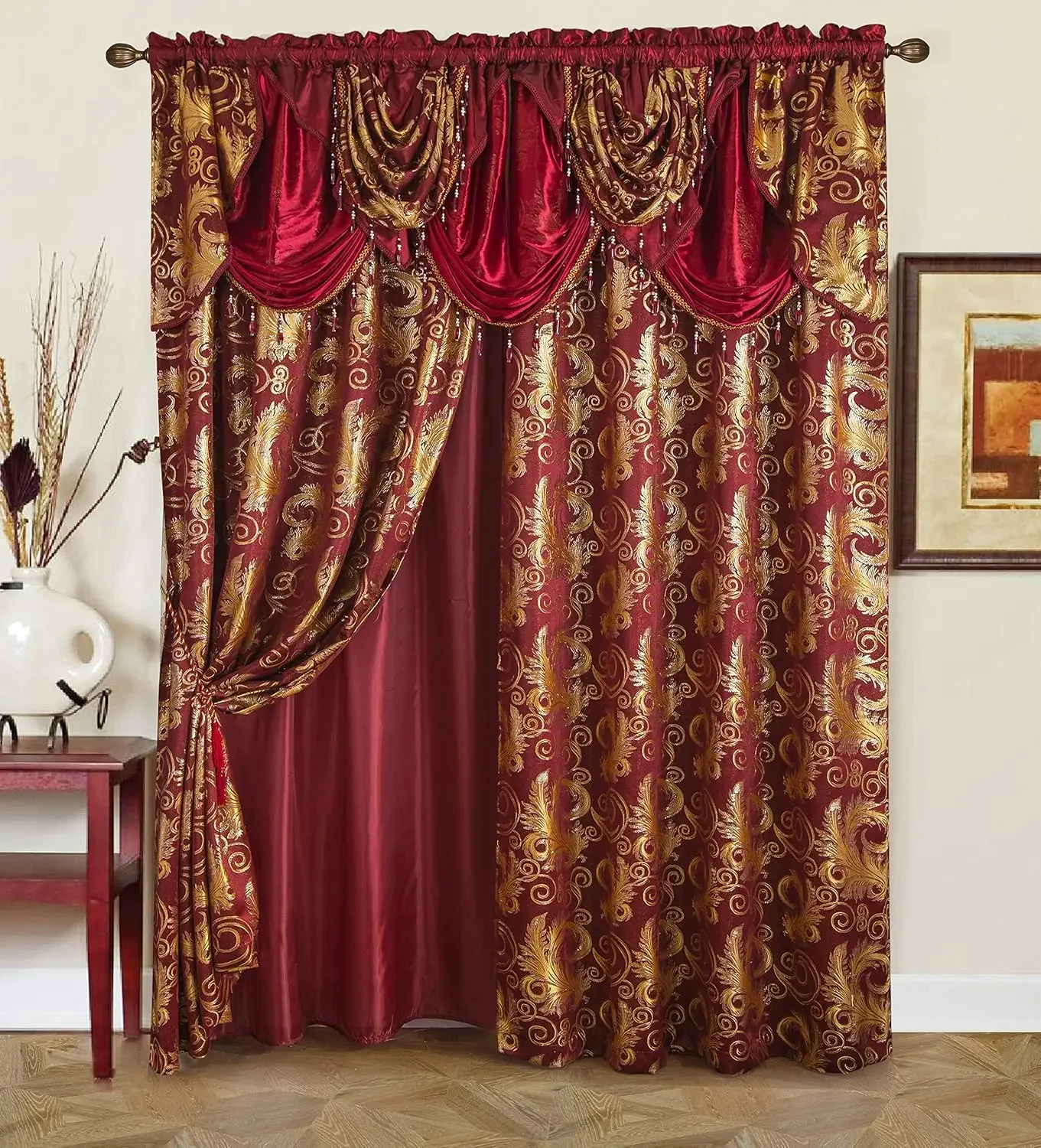 

Jacquard Luxury Window 2 Panel Set Attached Valance and Backing Bedroom Living Room Dining 2 Curtains 55x84 inches Each