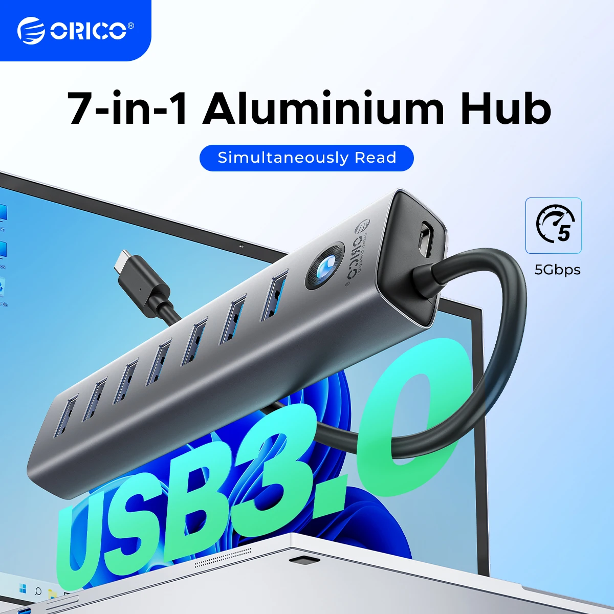 

ORICO Алюминиевый USB 3.0 HUB Type-C на 7 портов, мульти-сплиттер для компьютерных аксессуаров, высокоскоростная передача данных