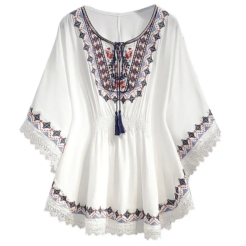 Fashion Vintage Embroidery Loose Batwing Sleeve Casual Blouses Korean All-match Elegant O-Neck Pullovers Shirt for Women Summer