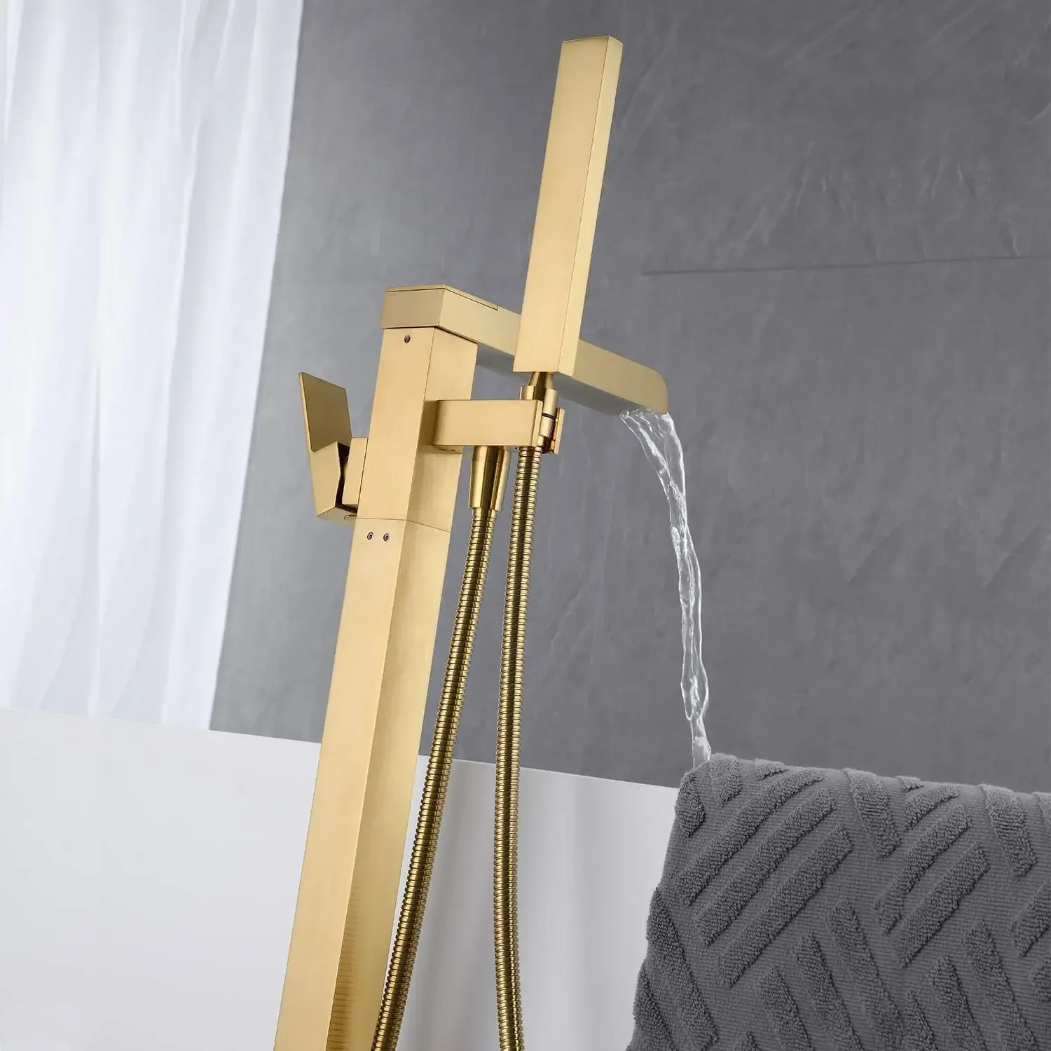 Freestanding Bathtub Faucet Tub Filler High Flow Waterfall Bath Filler Brushed Gold Tub Faucets with Hand Shower Tap