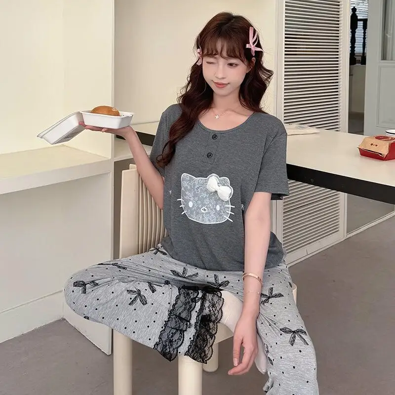 

Женский комплект пижамы с коротким рукавом в стиле аниме: модный, милый, молодежный, кружевной, повседневный, домашний, свободный, удобный, приятный для кожи