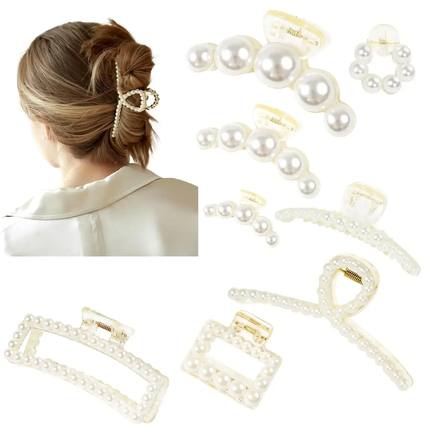 

Pearl Hair Accessories for Women - 8PCS Claw Clips for Thick and Thin Hair, Barrettes for Styling and Weddings