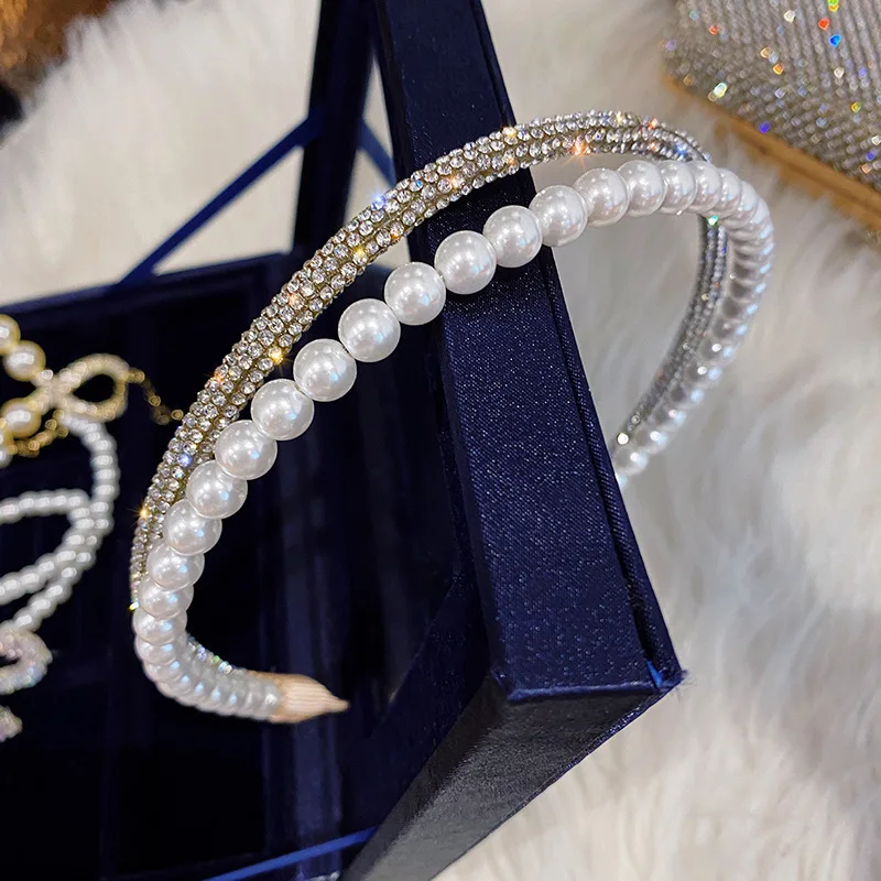 Headband Double Layer Pearl Full Diamond French Vintage Style Elegant Daily Use Soft Lightweight Premium Quality Accessories