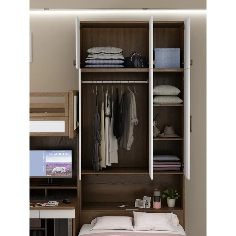 Solid Wood Staggered Twin Bunk Bed, Ash Wood Kids Bed with Desk & Wardrobe Space Saving Children's Bedroom Furniture Set view 5
