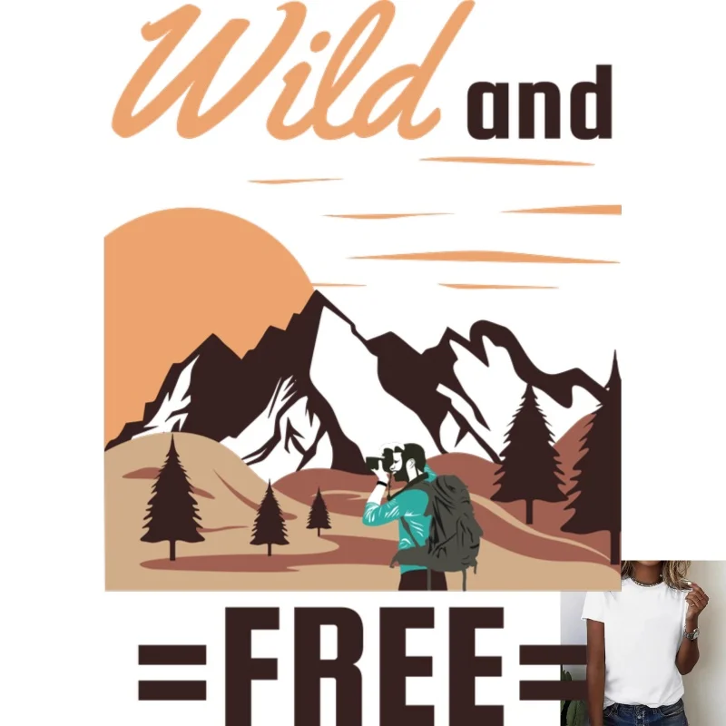 Outdoor Style 'Wild and Free' Mountain Climbing Photography Pattern Heat - Transfer White Ink Iron - on Decal for T - shirts,