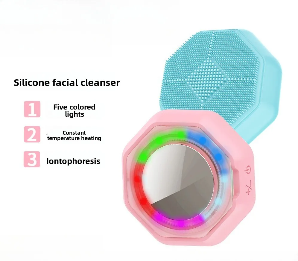 Waterproof Silicone Face Wash Brush Red Blue Light Heating Vibration Facial Pore Cleanser Serum Import Skincare Tools