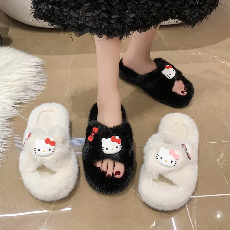 

Sanrio Hellokitty Cartoon Cartoon Girl Heart New Comfortable Flat Hair Outside To Wear Thick Solid Color Open-Toed Slippers