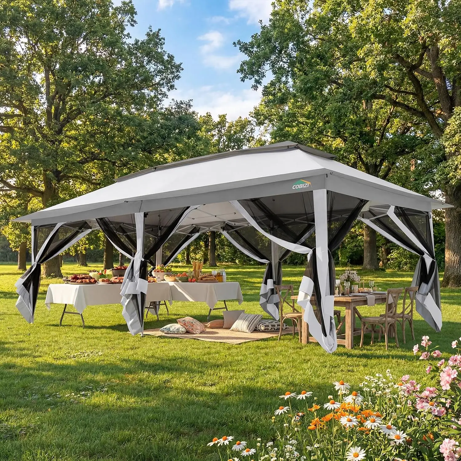 12x20 Pop Up Canopy Tent with Mosquito Netting & Mesh Walls, Outdoor Gazebo Shelter for Patio Backyard Party, Gray, Customized