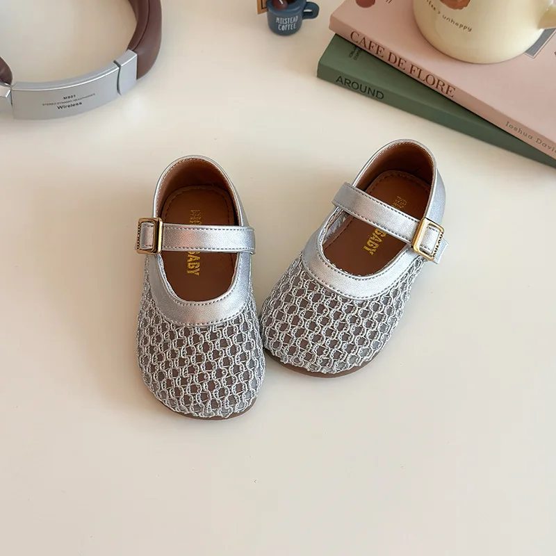 

Hook-loop Cover Toe Daily Leisure Kids Shoes Summer Girl's Sandals Net Fabric Solid Color Breathable Flat Children Sliders