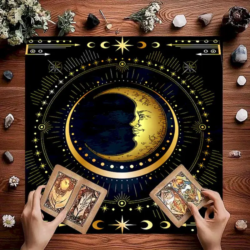 VIKAMA Navy Gold Crescent Moon Face Starburst Tarot Cloth, 6 Designs, Divination Mat for Tarot Reading