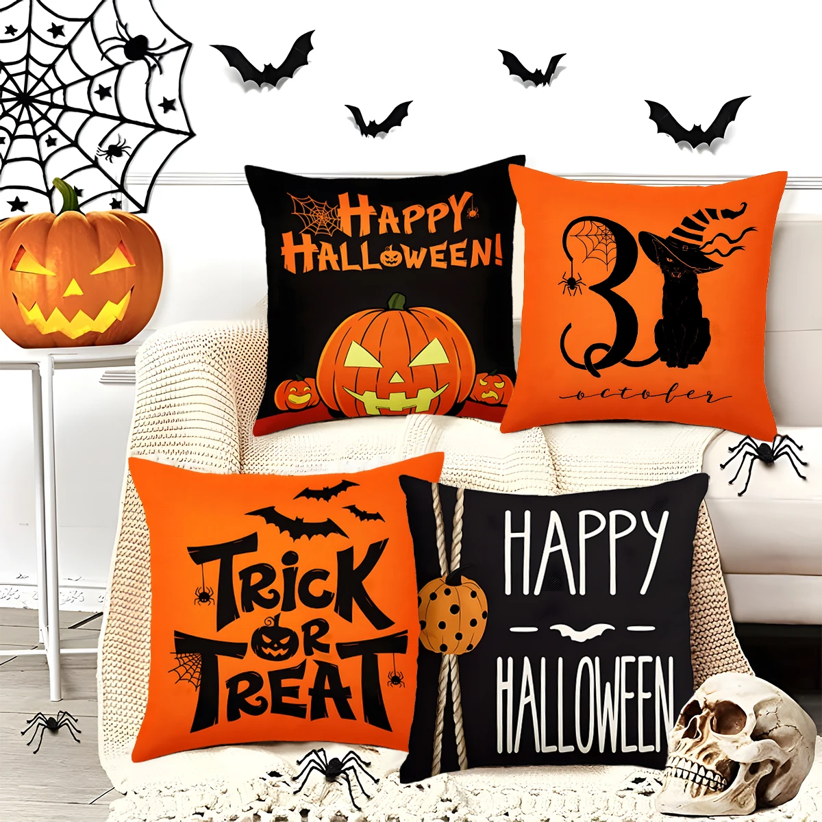 Halloween Linen Cushion Cover Trick or Treat Theme Pillowcase Cartoon Pumpkin Ghost Pillow Cover Halloween Party Decoration 2024