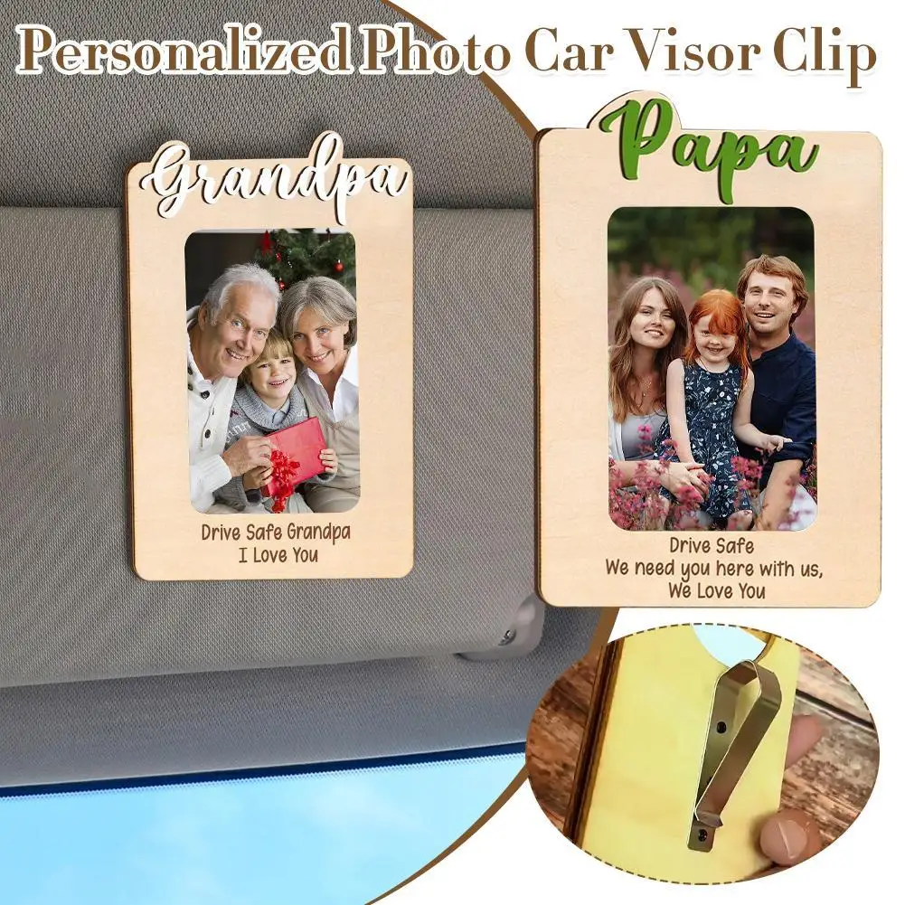 Personalized Car Photo Frame Visor Clip Custom Wooden Photo Frame Clip Car Sun Visor Picture Frame Gifts for Dad Mom Grandparent