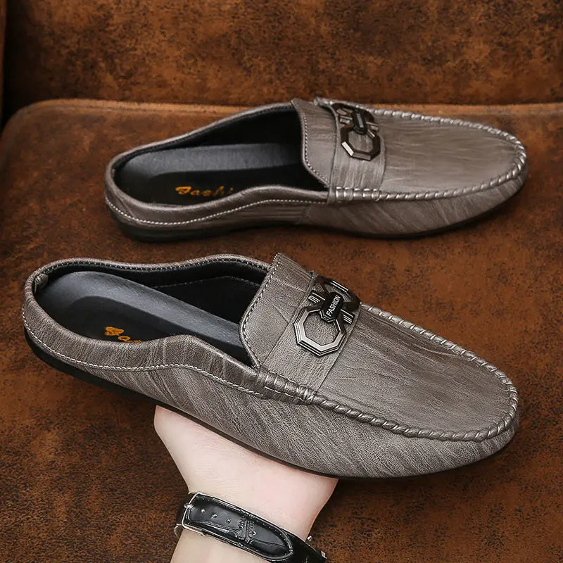 Men's Shoe Mules Slides Male Slipper Flat Leather Half Outdoor Summer Sale 2025 Fashion With Hot Trendy Casual Low Price Y2k