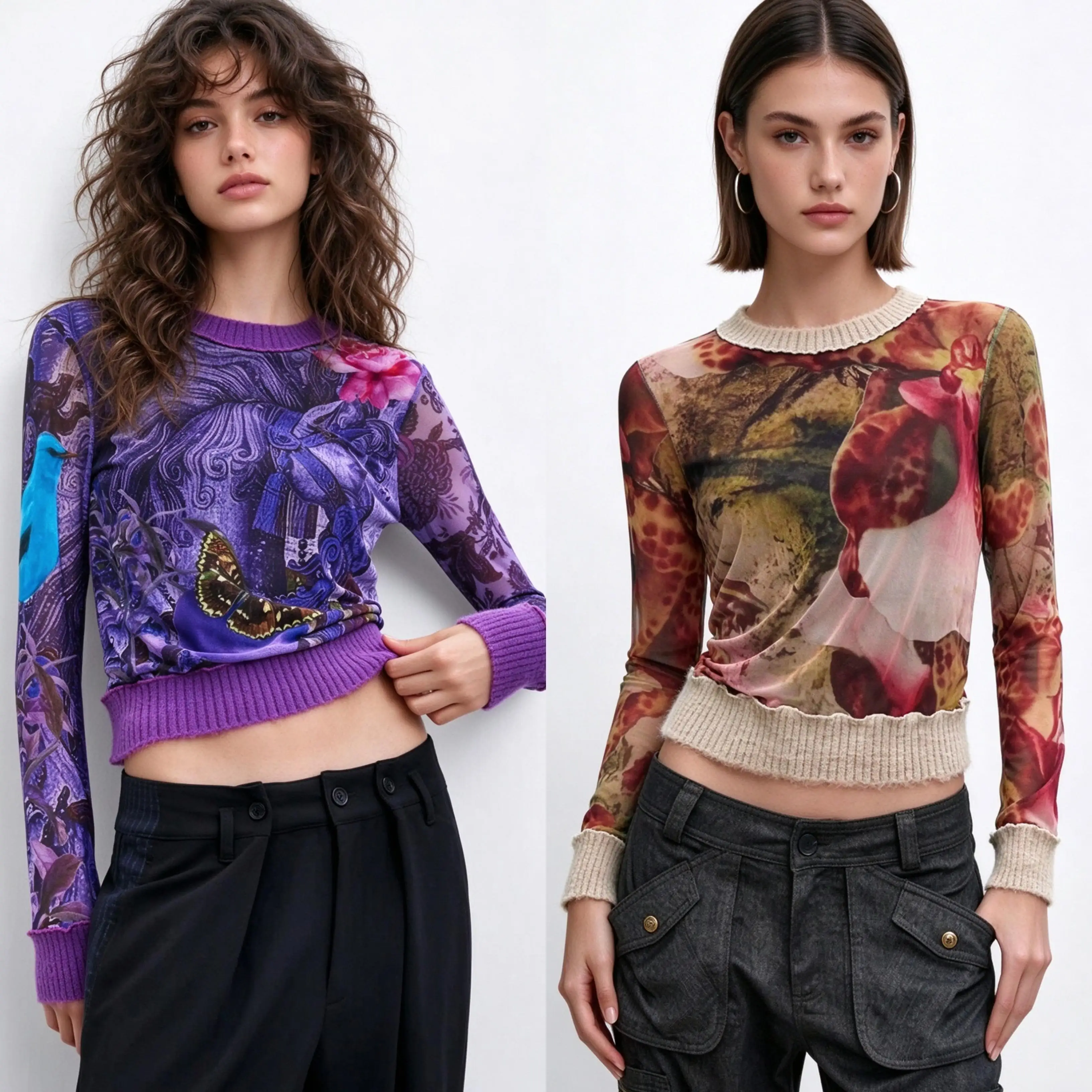 Foreign trade original autumn and winter embroidered printed patchwork knitted ribbed long sleeved women's T-shirt