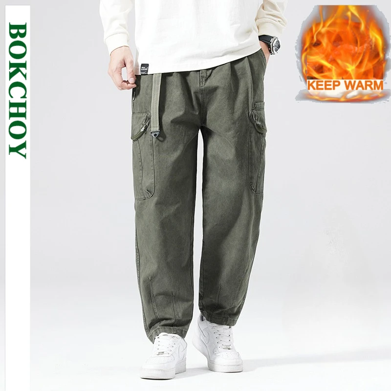 

2025 Winter New Velvet Thick Cargo 100% Cotton Jogger Pants for Men Clothing Multi-pockets Comfort Male Trousers GF259112