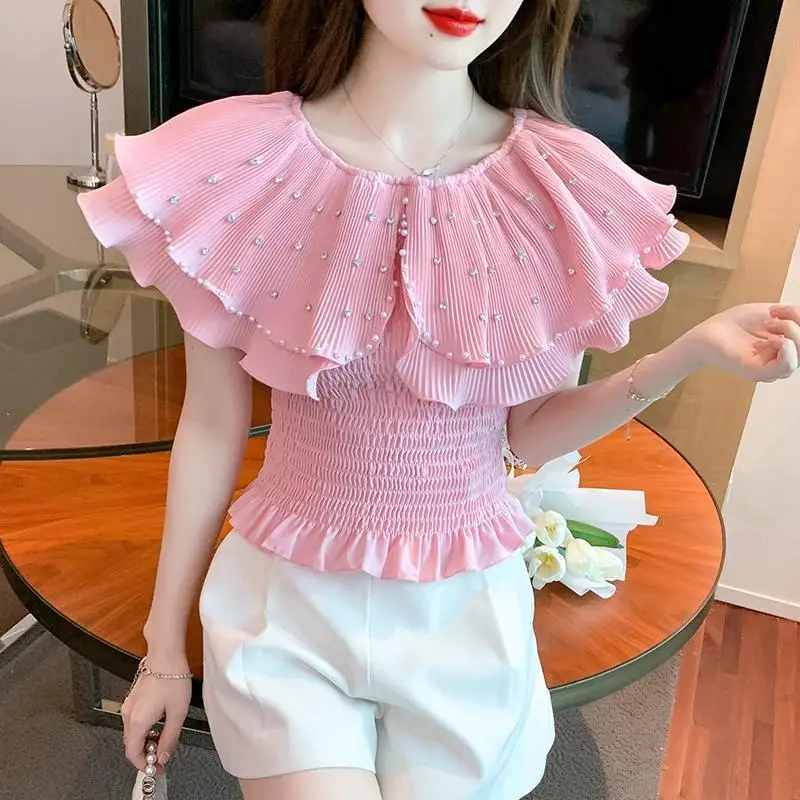 

Sweet Ruffles Spliced Shirring Blouse Female Clothing Elegant Slash Neck Summer Beading Fashion Diamonds Basic Slim Short Shirt