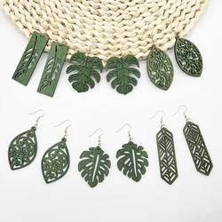 6 Pairs/Set of Green Cut Out Personalized Geometric Wood Earrings, Bohemian Creative Versatile Holiday Style Wood Earrings, Simp