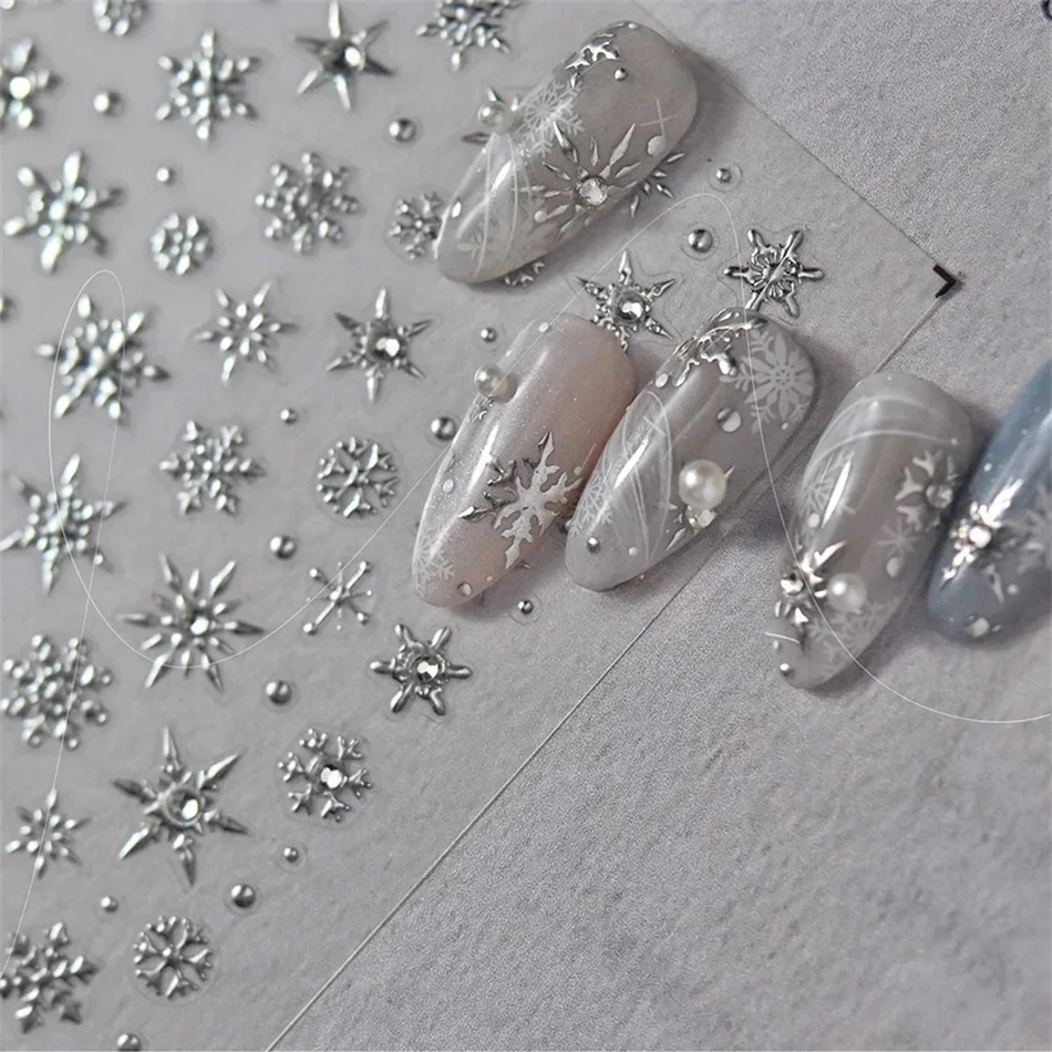 5D Laser Winter Schneeflocke Weihnachten Glänzende Strass Geprägte Relief Selbstklebende Nail art Dekoration Aufkleber Maniküre Aufkleber – Detail 1