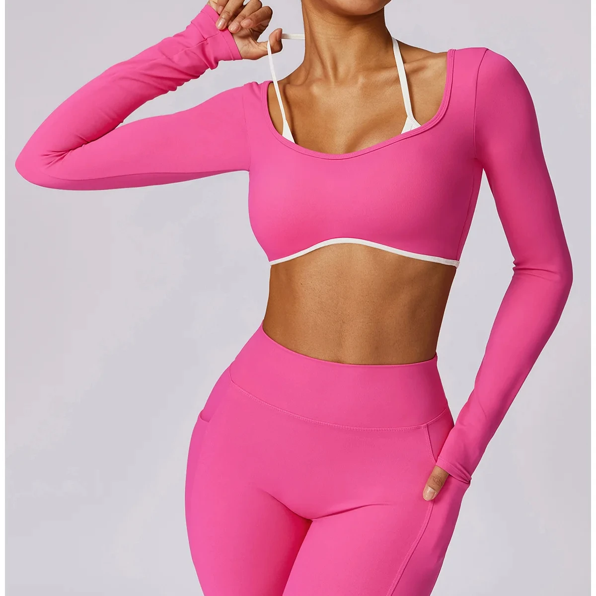 

2 Pieces Women Tracksuit Yoga Set Workout Sportswear Gym Clothing Fitness Long Sleeve Crop Top High Waist Leggings Sports Suits