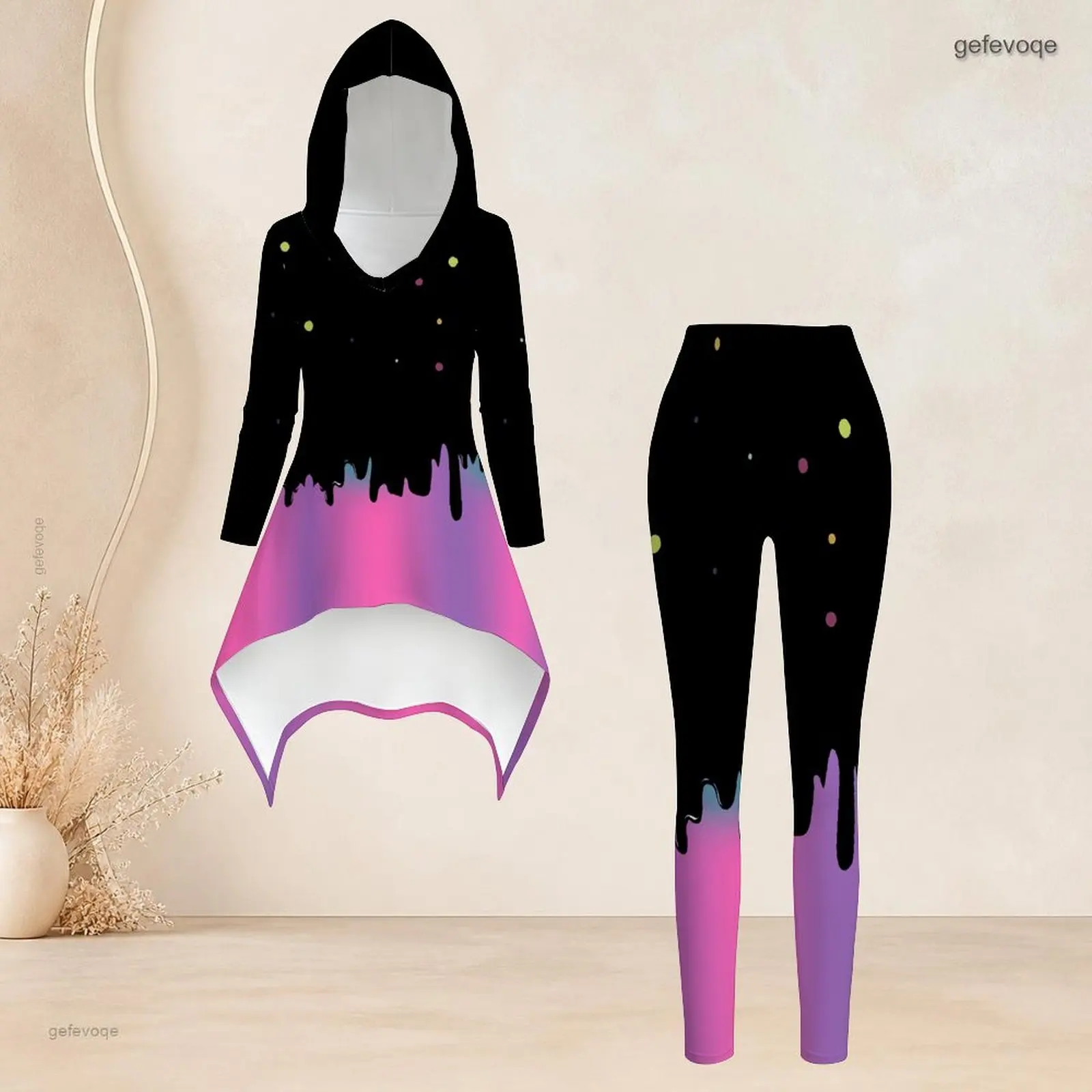 Women Dripping Gradient Dot Printed Hooded Long Sleeve Top and Leggings Two Piece Set
