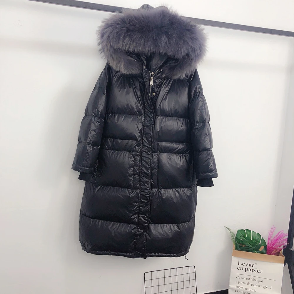 Black Down Jacket Hooded Women's Mid-length Fluffy Large Fur Collar Thickened Loose White Duck Gown Coats 2023 Winter New