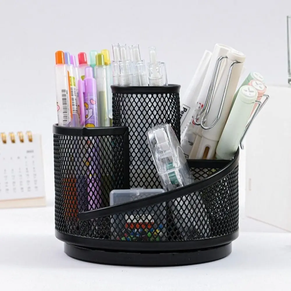 Multi-functional Rotating Pen Holder 360-degree Free Rotation Black Desktop Storage Box Metal Mesh Convenient Pencil Holder
