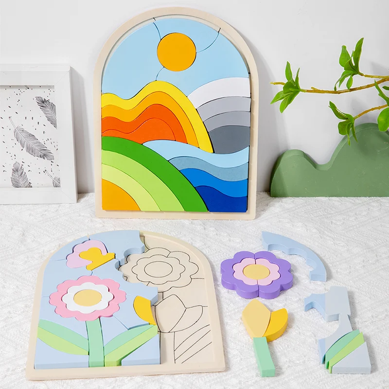 Wooden 3D creative puzzle, three-dimensional shaped blocks, rainbow/hill/flower scenes, Montessori Early Learning 2-6 years old