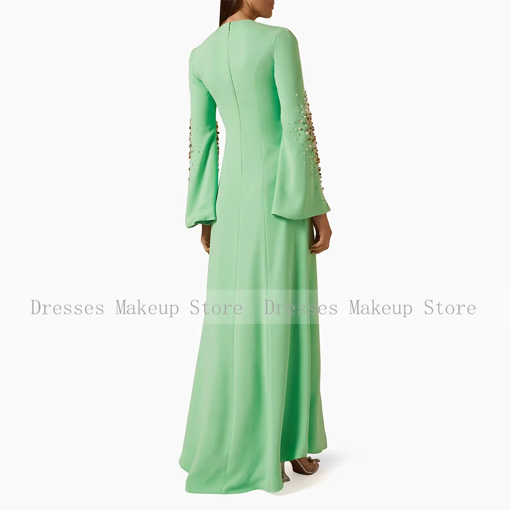 Luxury Evening Dresses for Weddings Bud Green O Neck A Line Formal Party Gowns Beading Sequined Long Sleeves Wedding Guest Dress