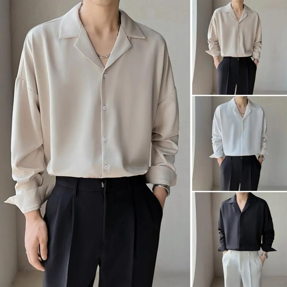 Chemise d'affaires à col en V pour hommes, chemise à revers pour hommes, haut de bureau monochrome, coupe habillée, manches longues, respirant, doux, printemps