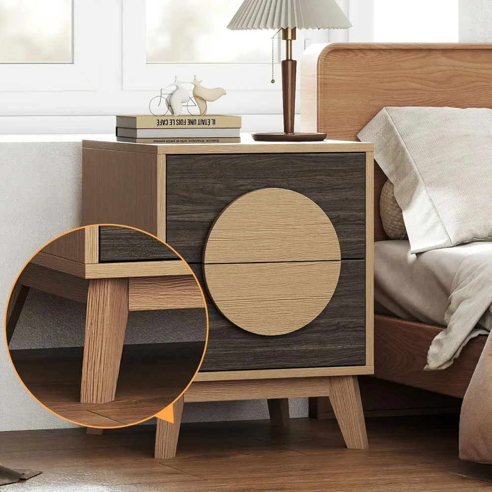 منضدة حديثة من خشب البلوط مقاس 15 بوصة مع أدراج ومقابض دائرية وطاولة جانبية مدمجة لغرفة النوم