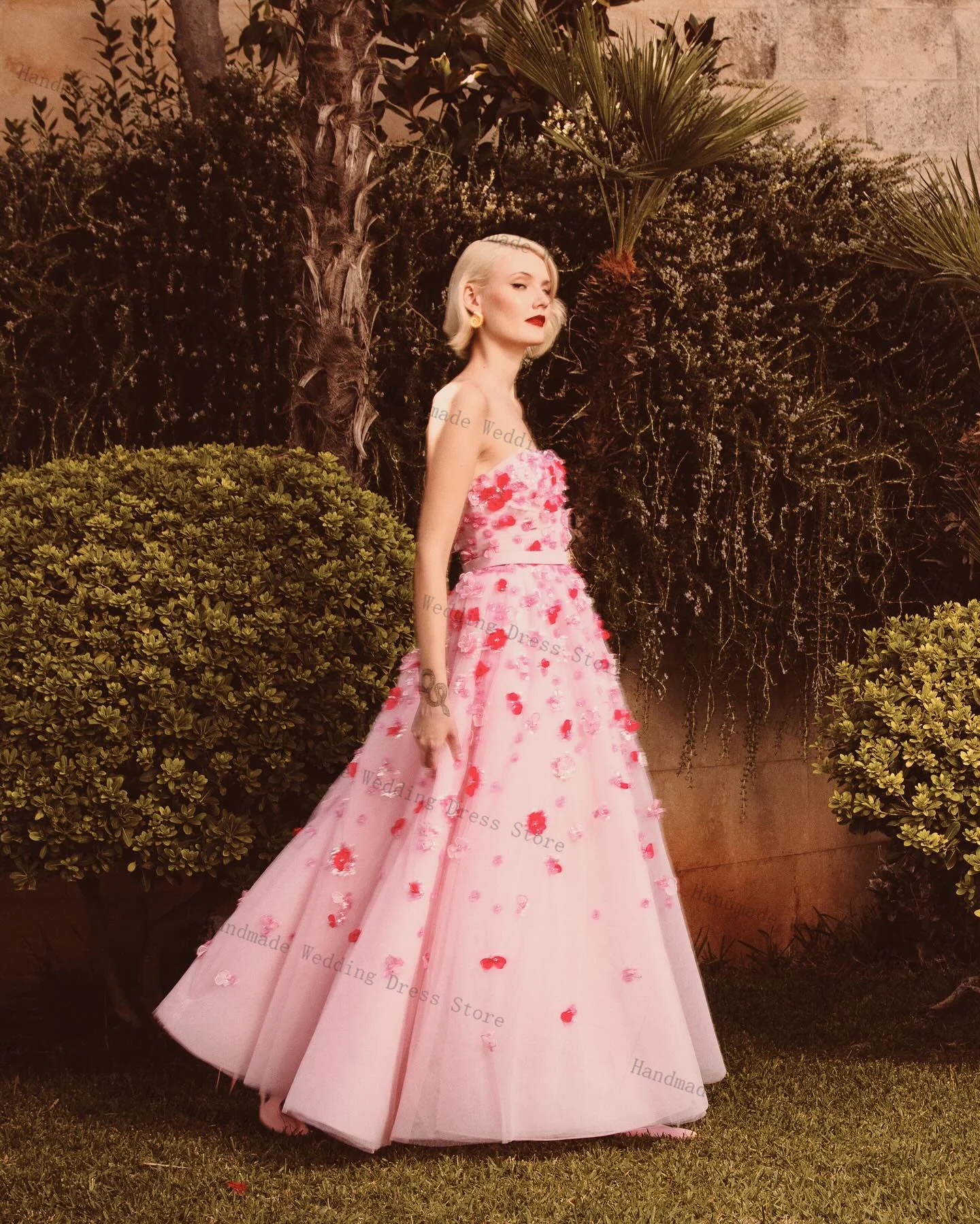 Vestido de fiesta de tul rosa para mujer, vestido Sexy sin tirantes sin mangas con flores 3D, vestido de fiesta de noche personalizado con cordones en la espalda