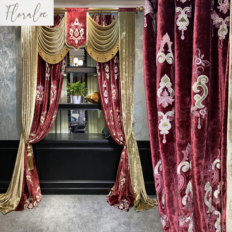 

Luxury Velvet Embroidery Curtains for Living Room Bedroom High Window Villa French American Retro Red Curtain Velvet Yarn Custom