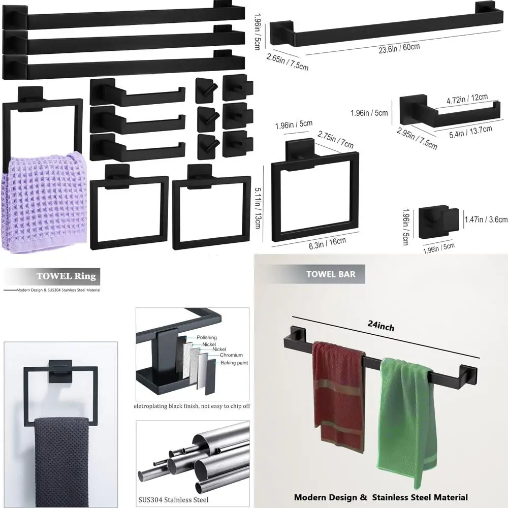 

24 Inch Bathroom Towel Rack Set - 3 Towel Bars, 3 Hand Towel Rings, 3 Toilet Paper Holders, 6 Robe Hooks for Storage