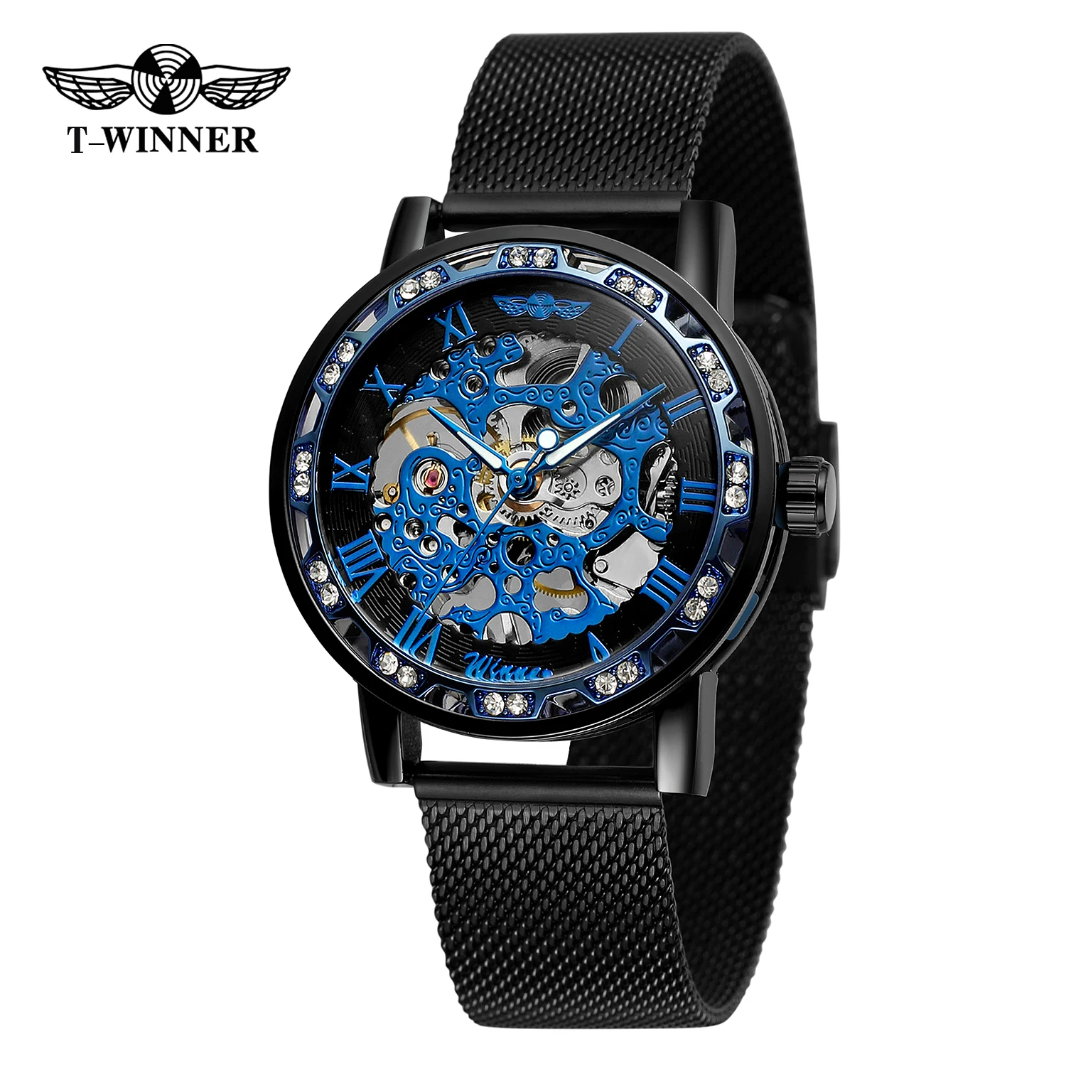 

T-WINNER Классические мужские механические часы со скелетом Светящиеся указатели со стразами и сетчатым ремешком Мужские римские цифры Легко читаемые наручные часы