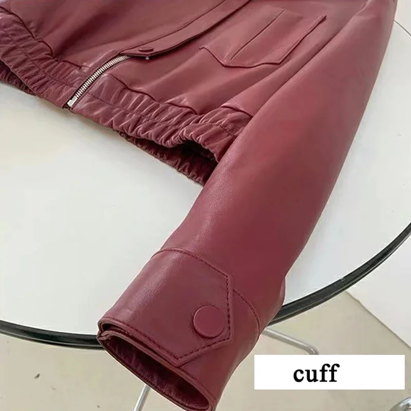 2024 European New Fashion Short Leather Jacket For Women 2024 Casual Elastic Band Waist Top Clothing Mujer Varsity Claret Veste