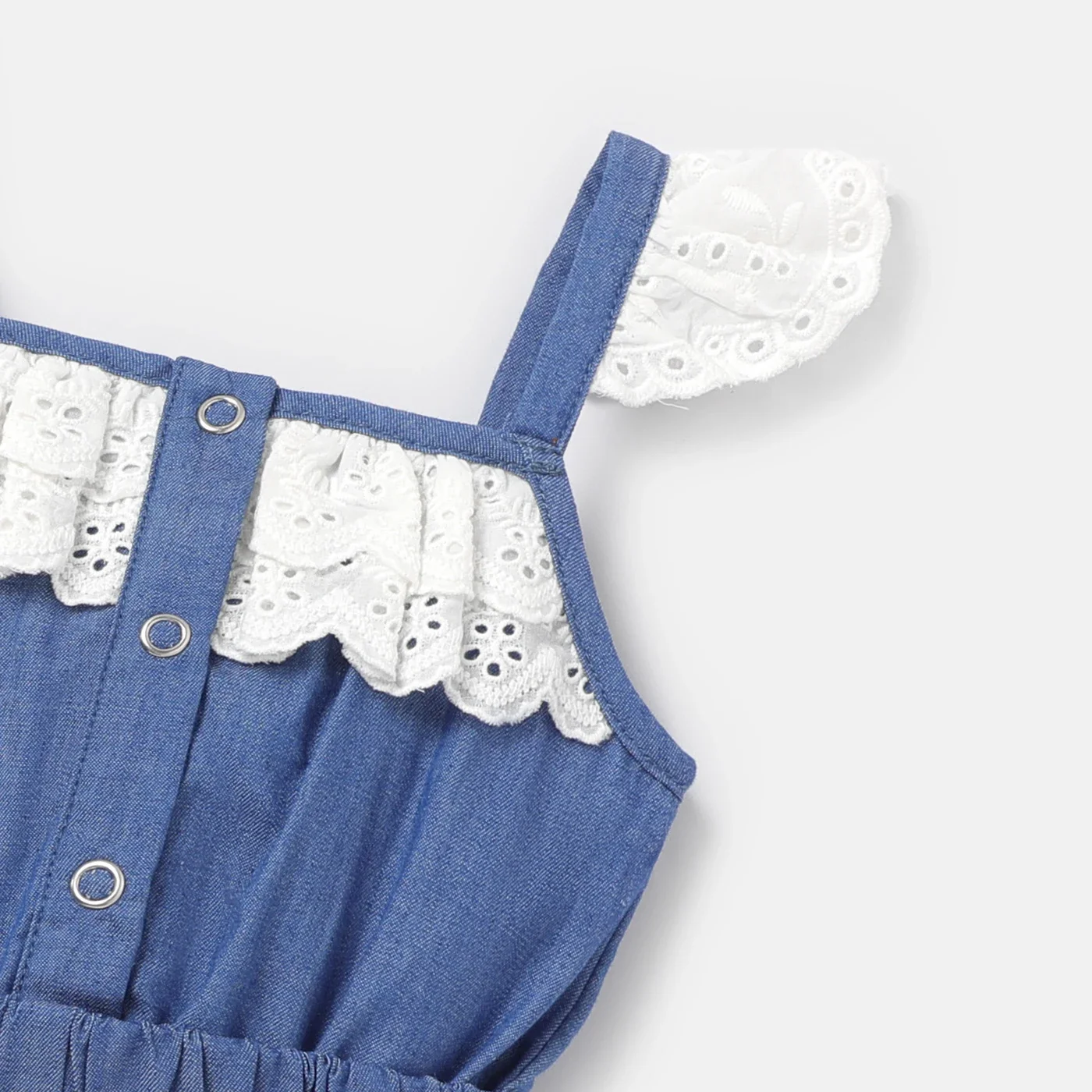 PatPat Baby Girl 100% Cotton Denim Splice Ruffled Sleeveless Romper Shorts Suitable for Summer Season Soft and Comfortable