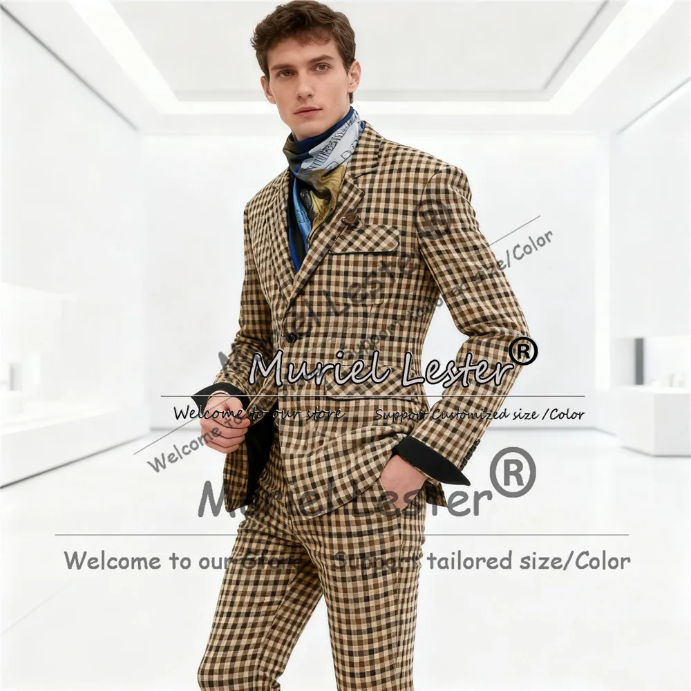 

British Style Plaid Check Suits Men 2 Pieces Sets Single Breasted Groom Blazers Outfits Customized Man Business Party Tuxedos