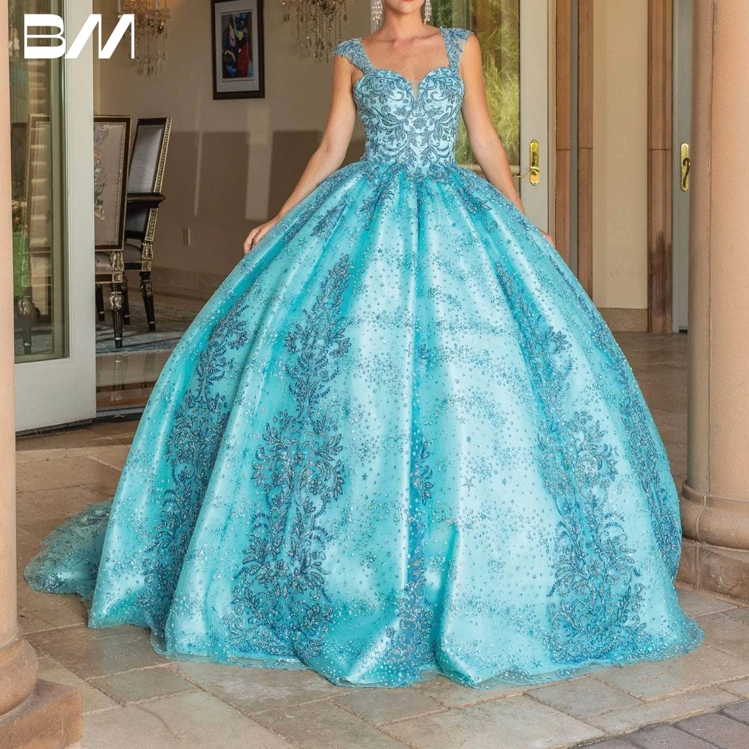 Rękawy z kapturkiem brokatowa suknia balowa na quinceanera koronkowe aplikacje sukienka na quinceanera 2023, zroszony wycięcie sukienki koktajlowe Vestidos De Baile