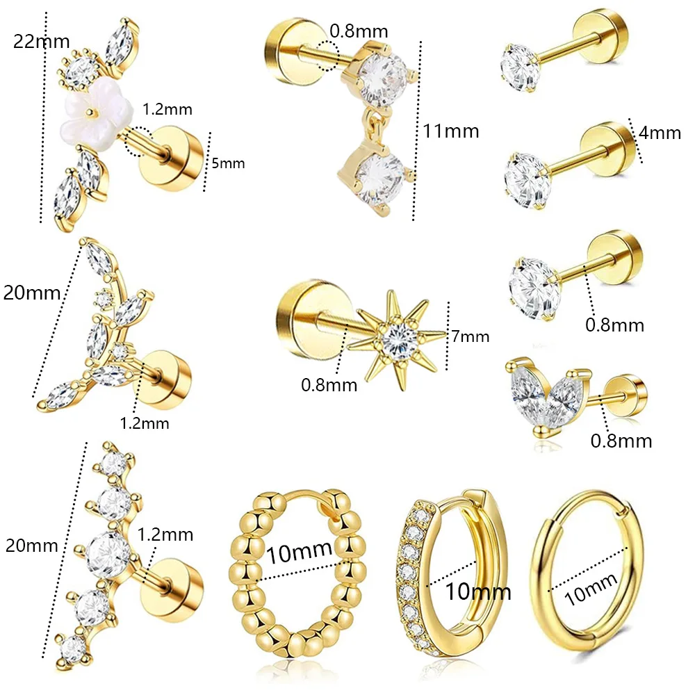 Women's 14K Gold Cartilage Earrings, Flat Back Studs