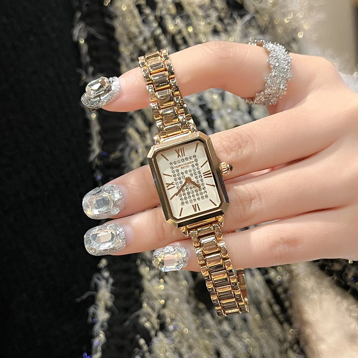 KAIRIS Women's Luxury Rectangular Watch Rhinestone Dial Black Leather Strap Elegant Fashion Quartz Wristwatch