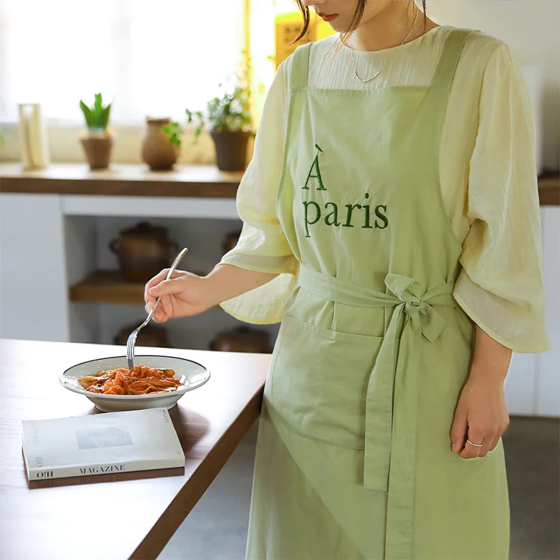 

Summer Embroidery Cotton Apron with Pocket and Cross-back Adjustable Straps Women's Kitchen Apron for Cooking Baking Gardening