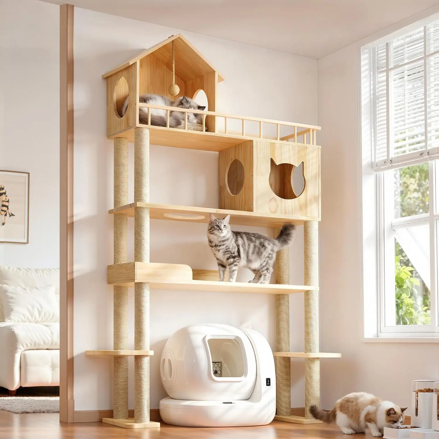 Wood Cat Tree for Automatic Litter Box, 5 Tier Cat Tower, 74 Inch | Tall Cats Tree for Indoor Cats Large Adult, Solid Wood Cat F