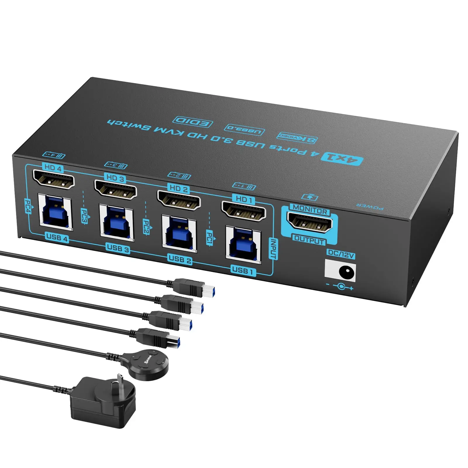 8K HDMI KVM Switch 4 Computers USB 3.0 4K@144Hz 4 In 1 Out KVM Switches EDID Emulator for 4 PCs Share 1 Monitor + 4 USB Devices