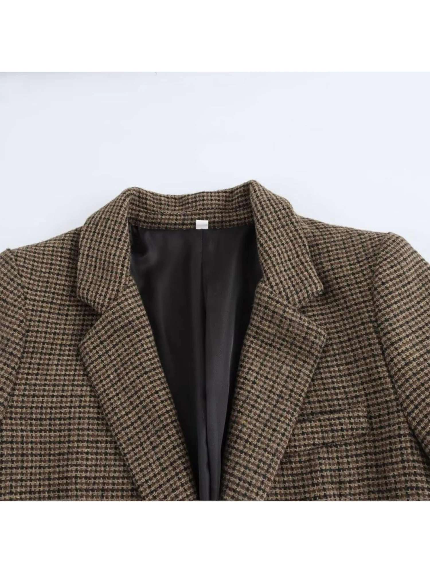 سترة نسائية بنية منقوشة Y2k Harajuku 2000s عتيقة بأكمام طويلة واحدة الصدر معطف ملابس خارجية كبيرة الحجم لخريف 2025 #2