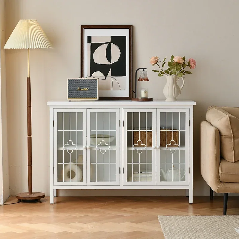 French European Style Country White Retro Guest Restaurant Entrance Side Cabinet Storage Glass Display Decorative Cabinet