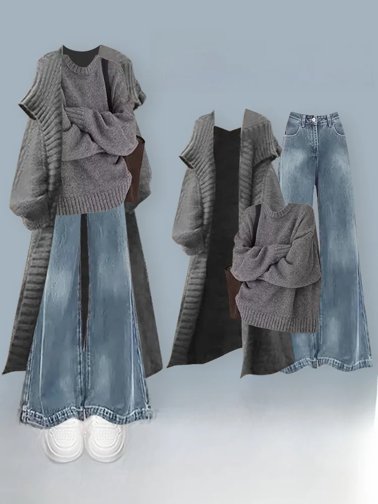 

Winter Lazy Sle Knitted Sweater Coat Jeans Loose Feel Tee Piece Set Women's Faion Ensemble Long Sve Autumn Winter